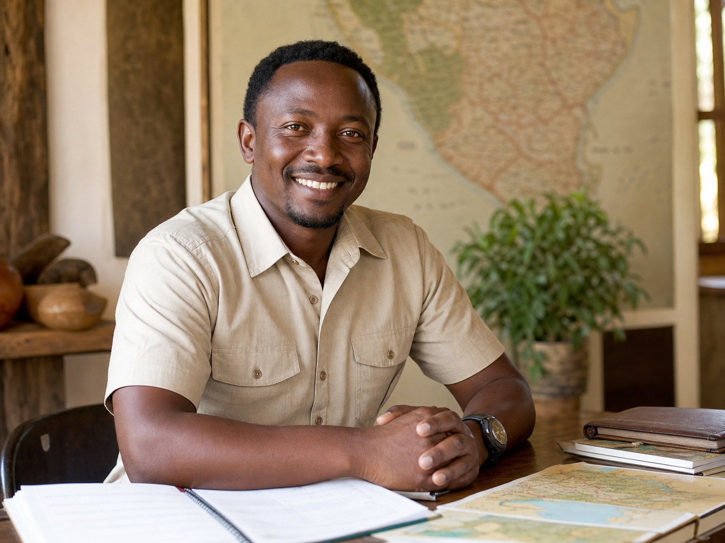 Travel planning conversation at a desk